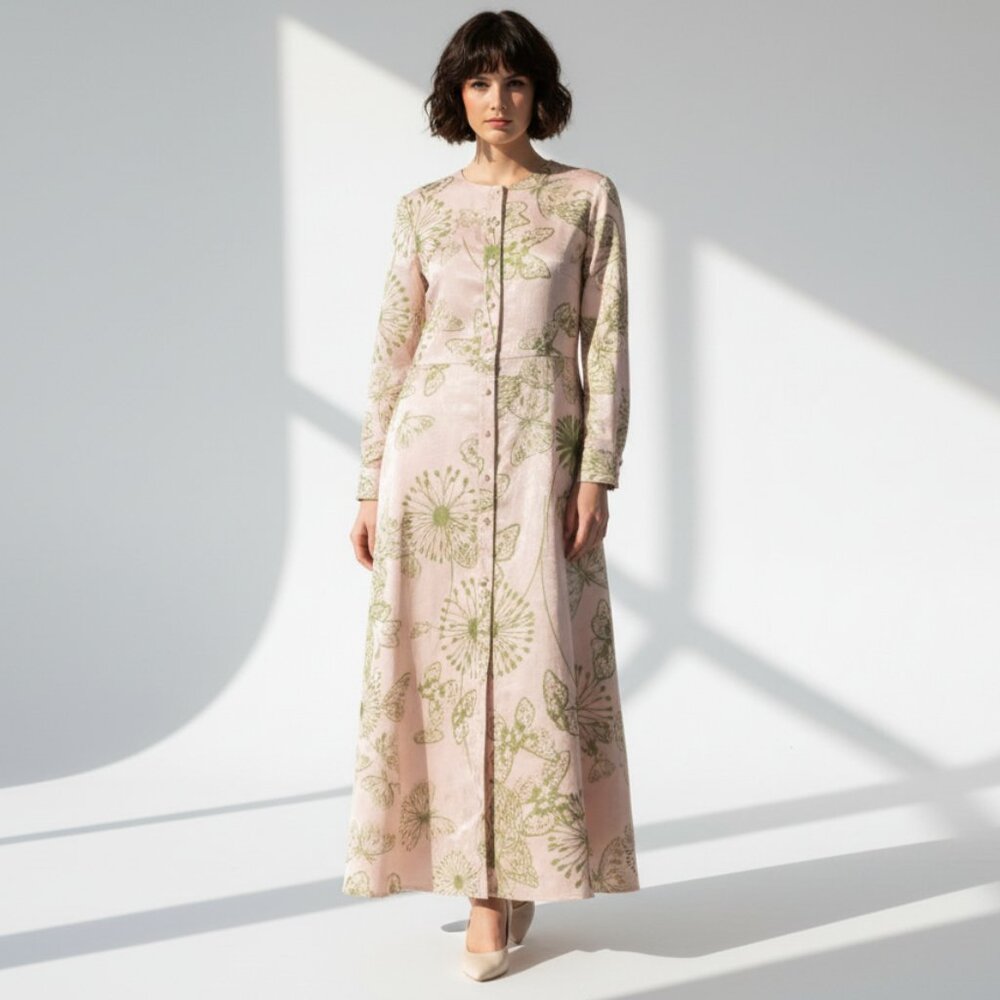 Pamela Milano Dress Women's Pink Green Butterfly Taffeta Brocade Size 44/6 NWT